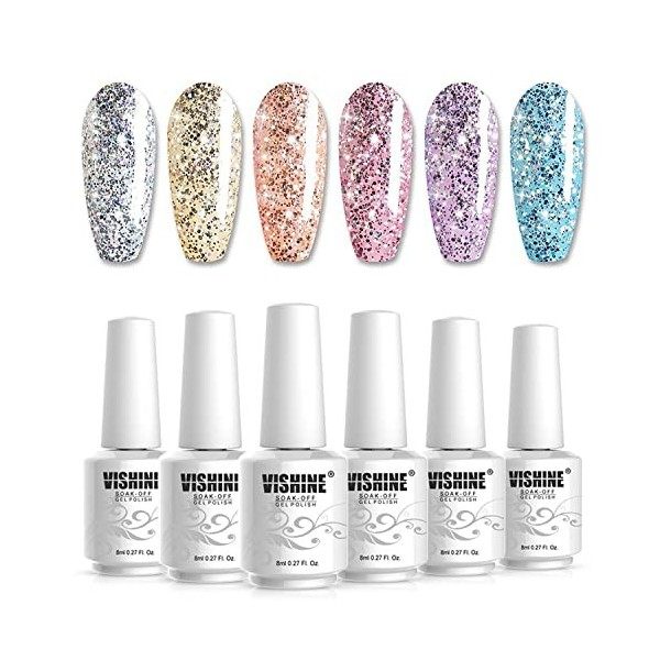 Vishine Lot 6 Couleurs Vernis Gel Semi Permanant UV Gel Ongles Jeu Tremper le Vernis Manucure Effet Diamant Paillettes 8ml