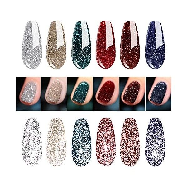 Vishine Lot 6 Couleurs Vernis Gel Semi Permanant UV Gel Ongles Jeu Tremper le Vernis Manucure Effet Diamant Paillettes 8ml