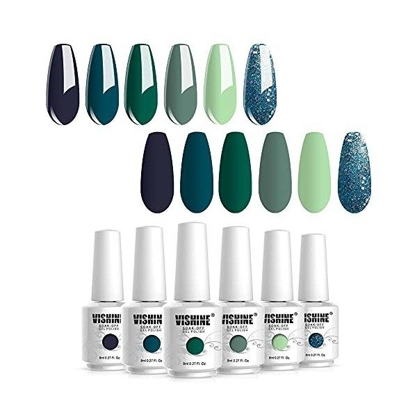 Vernis Gel Semi Permanent Lot de Vert - Vishine UV LED Vernis à Ongles Gel Soak Off Manucure Nail Art Kit 6 Couleurs X 8ml