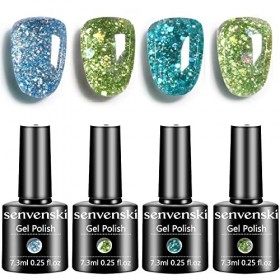 Senvenski Clignotant Vernis Gel UV Semi Permanent, Vert Bleu Scintillant Vernis Semi Permanent, Diamant Brillant Clignotant U