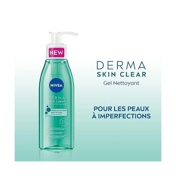 NIVEA Derma Skin Clear Gel nettoyant visage 1 x 150 ml , Soin nettoyant formulé pour les peaux à imperfections, Gel visage à ...