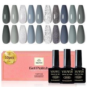 YSUVIN Vernis Semi Permanent, 10 Couleurs Noir Gris Blanc Argent Brillant Vernis à Ongles Soak Off UV Pour Novice Professionn