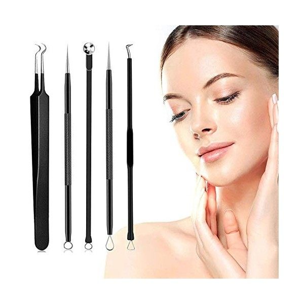 Extracteur Point Noir, [5 Pièce] Kit Extracteur Professional Pince Point Noir, Acier Inoxydable Blackhead Remover pour Retire...