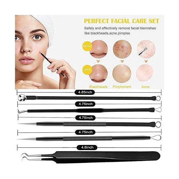 Extracteur Point Noir, [5 Pièce] Kit Extracteur Professional Pince Point Noir, Acier Inoxydable Blackhead Remover pour Retire...
