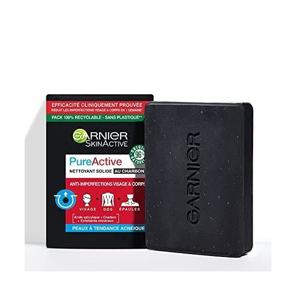 Garnier Pure Active - Nettoyant Solide - Au Charbon et à lAcide Salicylique - Anti-Imperfections - 100g Crème Jour et Nuit
