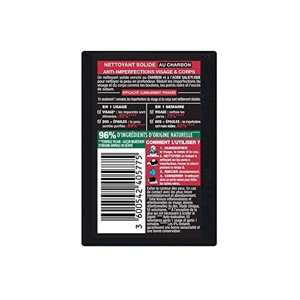 Garnier Pure Active - Nettoyant Solide - Au Charbon et à lAcide Salicylique - Anti-Imperfections - 100g Crème Jour et Nuit