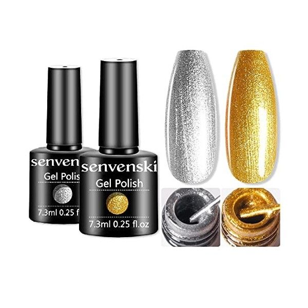 Senvenski Vernis Semi Permanent Or Argent Vernis à Ongles Gel Briller Couleur Shellac Cadeau UV LED Art Manucure Kit CS2-005