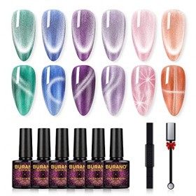 BURANO Cat Eye Gel Vernis à Ongles - Magnetic Cats Gel Polish 6 Couleurs Set Cateye Vernis à Ongles Gel avec Aimant Rose 9D E