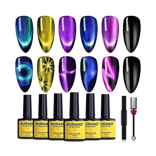 BURANO Cat Eye Gel Vernis à Ongles - Magnetic Cats Gel Polish 6 Couleurs Set Cateye Vernis à Ongles Gel avec Aimant Rose 9D E