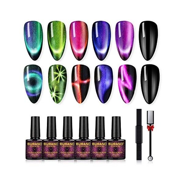 BURANO Cat Eye Gel Vernis à Ongles - Magnetic Cats Gel Polish 6 Couleurs Set Cateye Vernis à Ongles Gel avec Aimant Rose 9D E