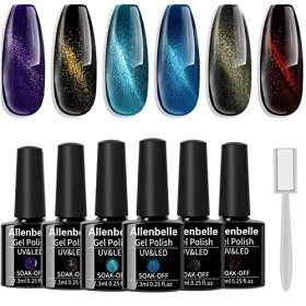 Allenbelle Vernis semi-permanent Magnétique Vernis à Ongles Nail Gel Magnet Soak off UV LED Gel Ongles 7.3ml/pc Lot de 6,wit
