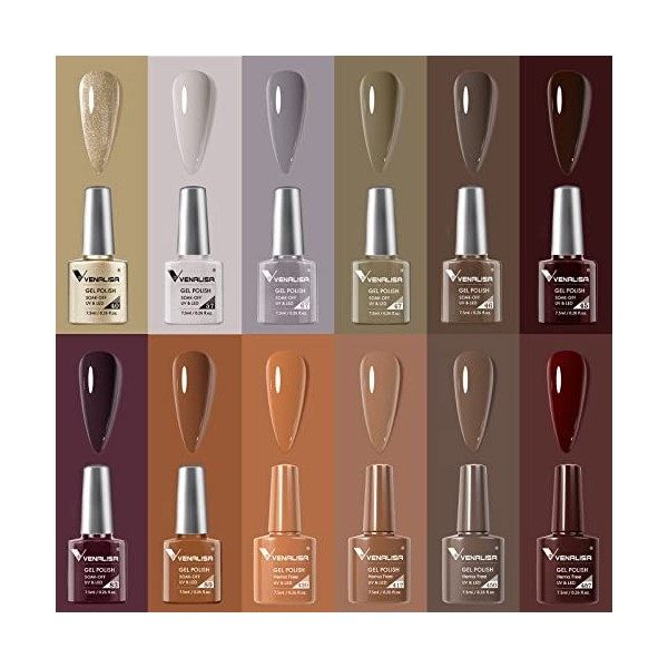 VENALISA Vernis à ongles Semi-permanent Gel Polish 12 pcs Lot de Vert Marron Violet Or Gel Couleur Ongle UV/LED Nude set de v