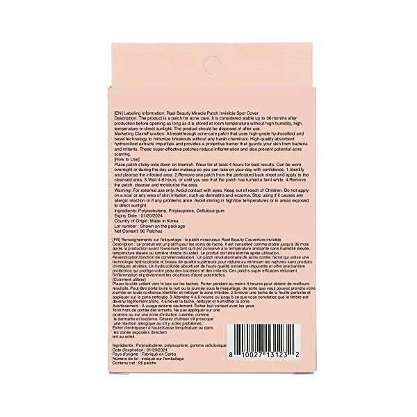 Rael patch traitement efficace anti-acné - couverture absorbante invisible des taches et des boutons aux hydrocolloïdes et tr