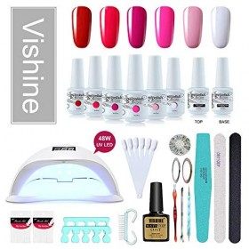 Vishine 48W Lampe LED UV Kit Complet Vernis Semi-Permanent,6 Couleurs Rouge Rose Blanc, No wipe Top Coat Base Coat,Complet Ac
