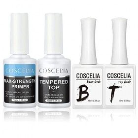 COSCELIA Base et Top Coat Vernis Semi Permanent,4 x 15ml Tempered Top Coat,Nail Primer pour Vernis à Ongles, Base Coat et No 