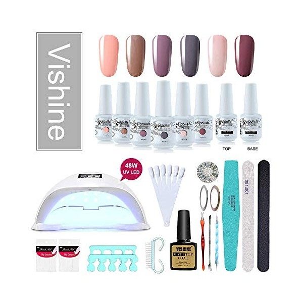 Vishine 48W Lampe LED UV Kit Complet Vernis Semi-Permanent,6 Couleurs Nu, No wipe Top Coat Base Coat,Complet Accessoires Manu