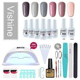 Vishine 48W Lampe LED UV Kit Complet Vernis Semi-Permanent,6 Couleurs les plus demandés, No wipe Top Coat Base Coat,Complet A