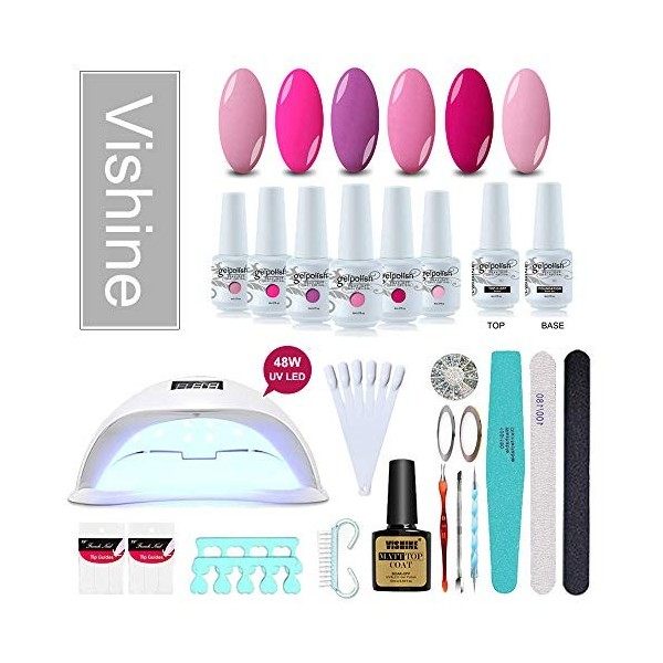 Vishine 48W Lampe LED UV Kit Complet Vernis Semi-Permanent,6 Couleurs le plus demandé, No wipe Top Coat Base Coat,Complet Acc