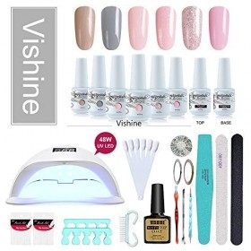 Vishine 48W Lampe LED UV Kit Complet Vernis Semi-Permanent,6 Couleurs le plus demandé, No wipe Top Coat Base Coat,Complet Acc