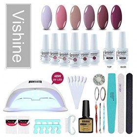 Vishine 48W Lampe LED UV Kit Complet Vernis Semi-Permanent,6 Couleurs le plus demandé, No wipe Top Coat Base Coat,Complet Acc