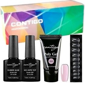 CONTIGO Vernis à ongles semi permanent Builder 3 en 1 Rubber Base Coat + No Wipe Top Coat +Builder Poly Nail Gel Pink 006