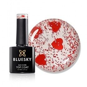 Bluesky Vernis à ongles gel Queen of Hearts No Wipe Top Coat, transparent avec des morceaux de cœur rouges, durable, résistan