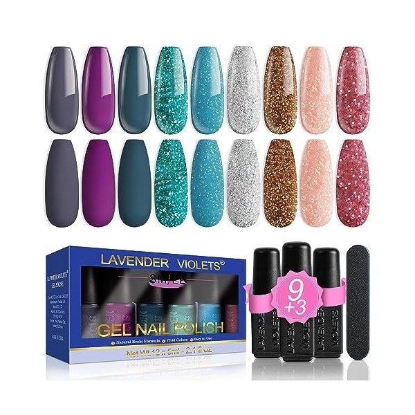 Lavender Violets 12 Pcs Gel Vernis à Ongles Set Charmant9 Couleurs Nail Art Design UV LED Soak Off avec Base Coat, Matt et No