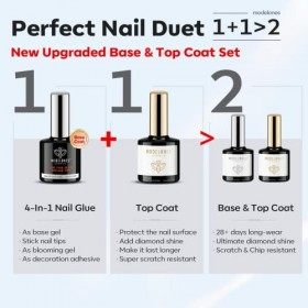 modelones Top Coat Semi Permanent et Colle Faux Ongles 6 en 1, 2x15Ml No Wipe Base et Top Coat Vernis Semi Permanent,Gel pose