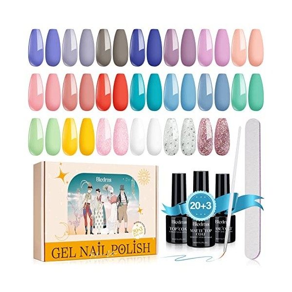 Kit de Vernis à Ongles Gel UV Semi-Permanent Bledras - Ensemble de 20 Couleurs Tendance, Base et Top Coat Mat et Brillant, Ma