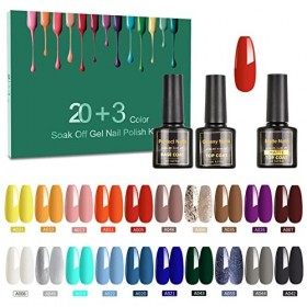 TORMAY 23 Pcs 20 Couleurs + 3 Base et Top Coat , Lot Vernis Gel Semi Permanent UV LED Vernis à Ongles Semi-permanents Soak O