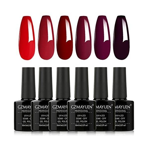 GZMAYUEN Vernis UV Semi Permanent Ongles Rouge Vernis Gel 10ML Vernis à Ongles Rouge Vif Gel Couleur Ongle UV Rouge Foncé 6Pc