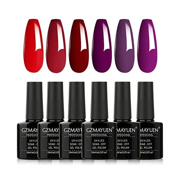 GZMAYUEN Vernis UV Semi Permanent Ongles Rouge Vernis Gel 10ML Vernis à Ongles Rouge Vif Gel Couleur Ongle UV Rouge Foncé 6Pc