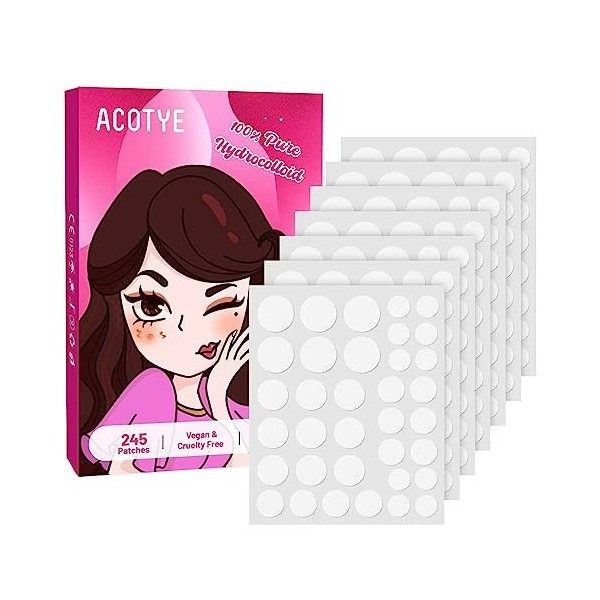 Patchs bouton ACOTYE 245PCS, pimple patch à adsorption puissante 100% pure, Patchs anti-boutons, 4 tailles jour et nuit, vega