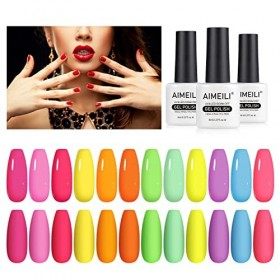 AIMEILI Vernis Semi Permanent Néon 12 Couleurs, Lot Vernis à Ongles Gel UV LED Soak Off Manucure Salon Longue Durée Varnish K