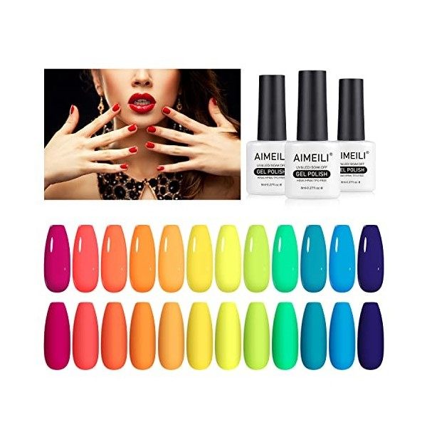 AIMEILI Vernis Semi Permanent Néon 12 Couleurs, Lot Vernis à Ongles Gel UV LED Soak Off Manucure Salon Longue Durée Varnish K