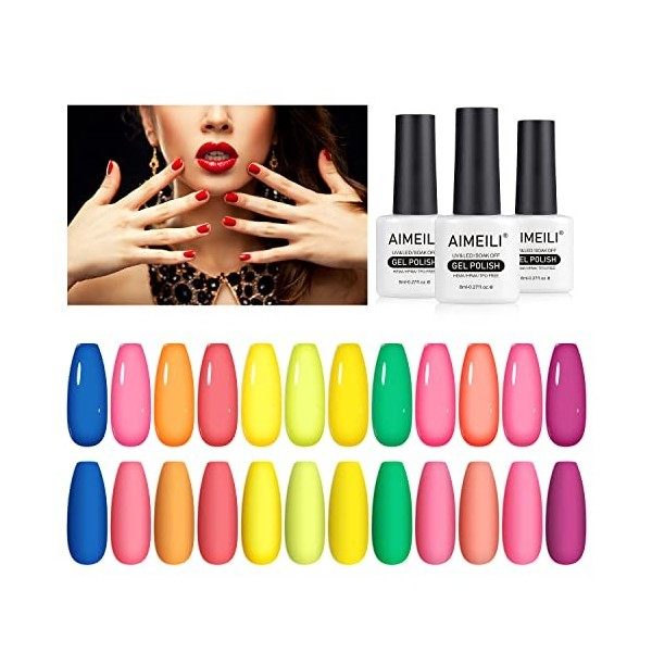 AIMEILI Vernis Semi Permanent Néon 12 Couleurs, Lot Vernis à Ongles Gel UV LED Soak Off Manucure Salon Longue Durée Varnish K