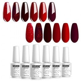 Vishine Vernis Gel Semi-Permanent, Lot de 6 Couleurs Rouge Bordeaux Paillettes Vernis à Ongles Gel UV LED Soak Off Ensemble C