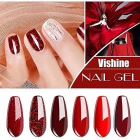 Vishine Vernis Gel Semi-Permanent, Lot de 6 Couleurs Rouge Bordeaux Paillettes Vernis à Ongles Gel UV LED Soak Off Ensemble C