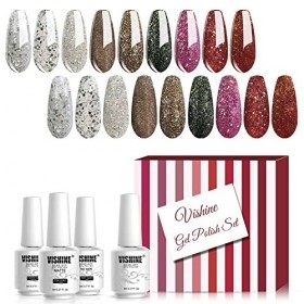 Vishine Lot de 12 Vernis Semi permanent Vernis à Ongles 9 Couleurs Pailleté lor Grgenté,UV LED Gel Soak Off avec Base Top Co