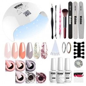 Vishine 40W UV LED Lampe Vernis Semi Permanent Kit - Lot 6 Vernis à ongles gel Soak Off & Base Top Coat & Brosse Strass Décor