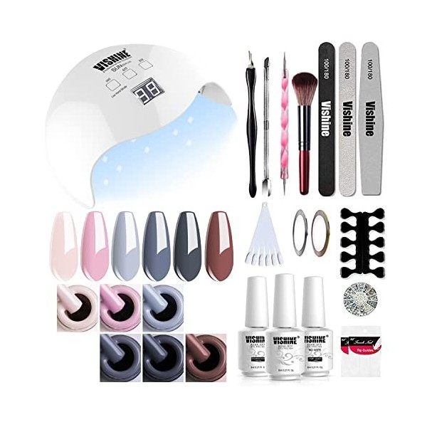 Vishine 40W UV LED Lampe Vernis Semi Permanent Kit - Lot 6 Vernis à ongles gel Soak Off & Base Top Coat & Brosse Strass Décor