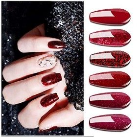 Vishine Lot d 6 Couleurs Rouge pailleté Semi-Permanent Soak Off UV LED Vernis à Ongles Gel Nail Polish Set Kits de Manucure 6