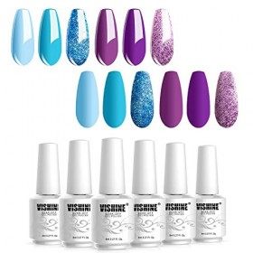 Vishine Vernis Gel Semi Permanent, UV LED Vernis à Ongles Gel Soak OffCouleurs Pourpre Bleu Paillettes Cadeau Coffret 6pcs x 