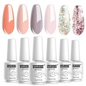 Vishine Vernis Gel Semi-Permanent, lot de 6 Couleurs Gris Nu Paillette Vernis à Ongles Gel UV LED Soak Off Ensemble Couleurs 