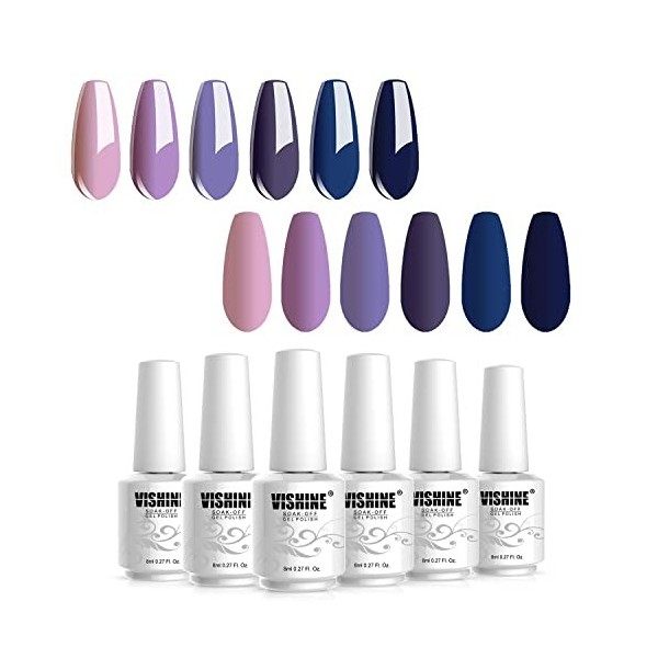 Vishine Vernis Gel Semi Permanent UV LED Vernis à Ongles Gel Soak Off 6 Couleurs Pourpre Violet et Bleu Débutant Kit Durable 