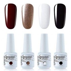 Vishine Lot de 4 Vernis à Ongles Gel Semi Permanent Blanc Noir Rouge foncé et Rose Or Soak Off UV LED Gel Nail Polish Nail Ar