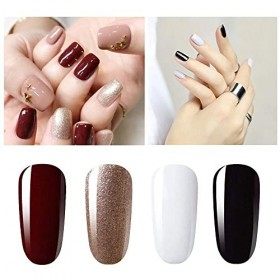 Vishine Lot de 4 Vernis à Ongles Gel Semi Permanent Blanc Noir Rouge foncé et Rose Or Soak Off UV LED Gel Nail Polish Nail Ar