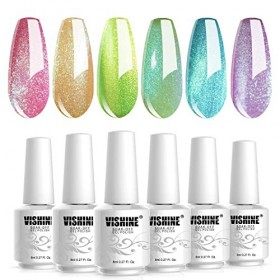 Vishine Lot de Vernis à Ongles Gel,Collection Hologram 6 Couleurs Holographique Rose Doré Vert Lime Bleu Violet Soak Off Gel 
