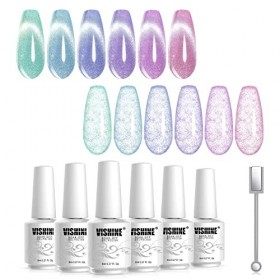 Vishine Lot de 6 Vernis Semi-permanent Magnétique, Holographique Pailleté Cat Eye Vernis Gel UV Semi Permanent Brillant Scint