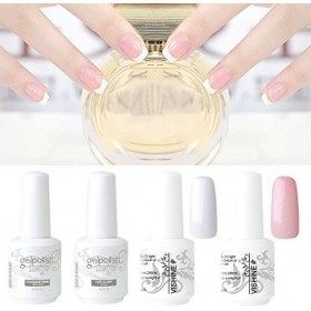 Vishine French Manucure Kit Vernis à ongles Semi-permanent Blanc Rose Couleur + Base Top Coat + Tips Guide Nail Art